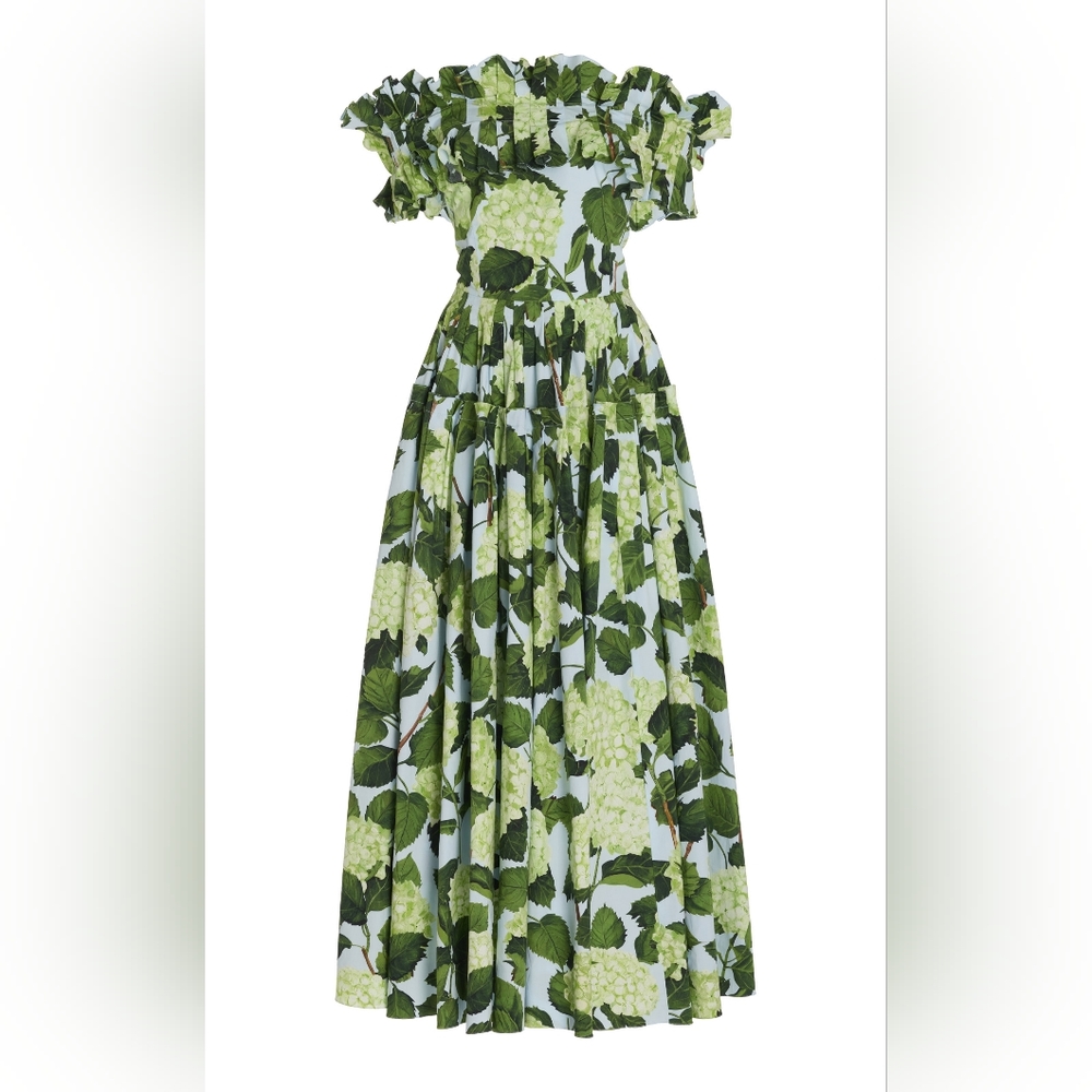 $1,200 TAILOR MADE (NOT OSCAR DE LA RENTA) GREEN FLORAL MIDI DRESS US L - Picture 2 of 13